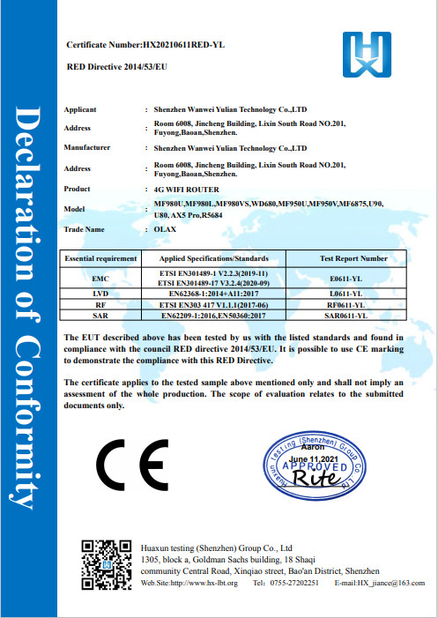 CHINA Shenzhen Olax Technology CO.,Ltd Certificaciones